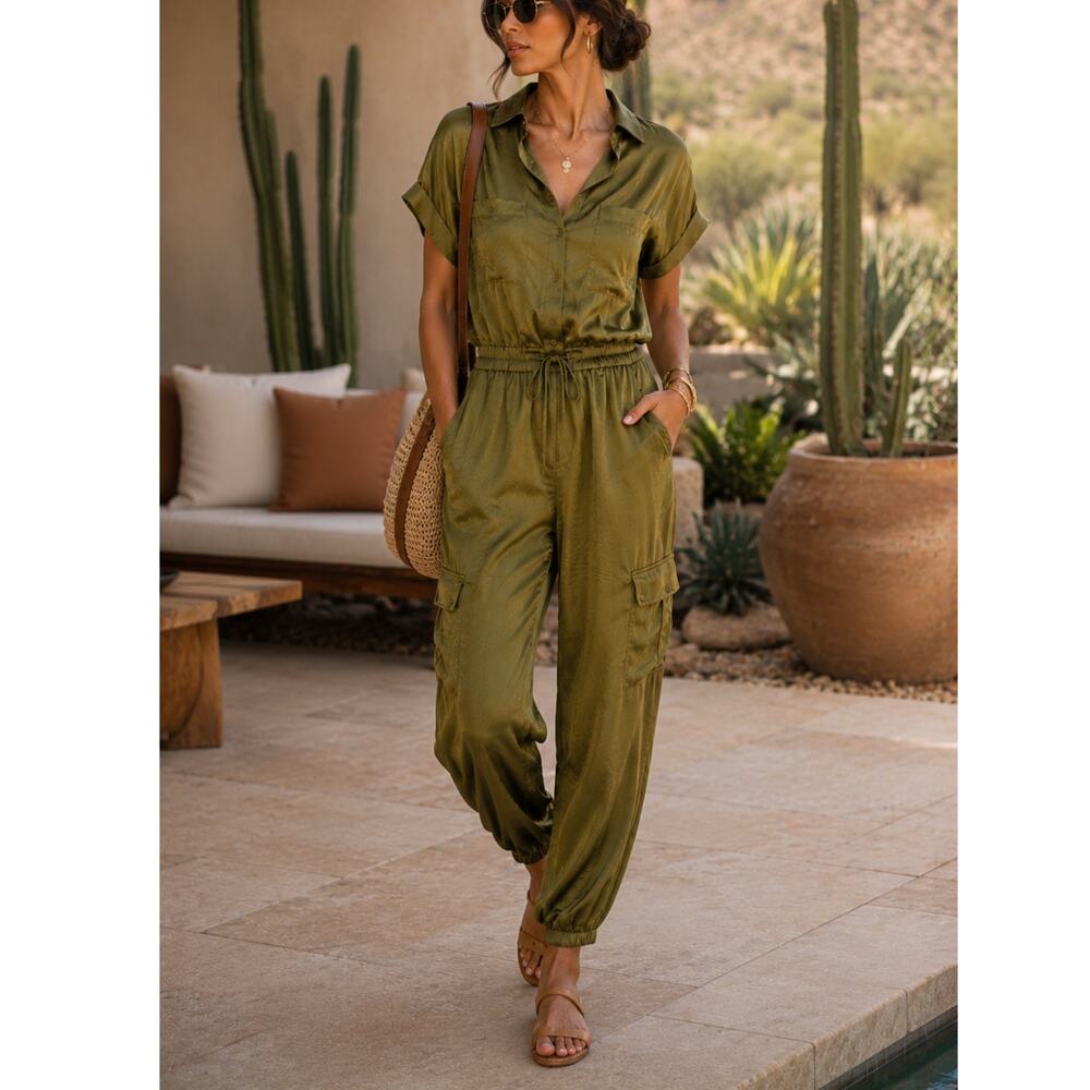 Young Fabulous & Broke Truman Satin Utility Jumpsuit Fern Olive Green Size S